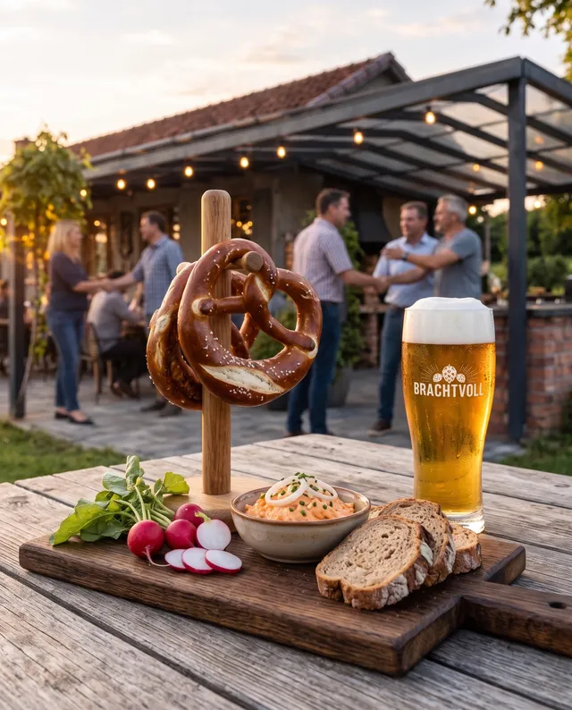 Holzbrett mit Brezel, Obatzda, Radieschen und Brot, daneben ein Glas Brachtvoll-Bier