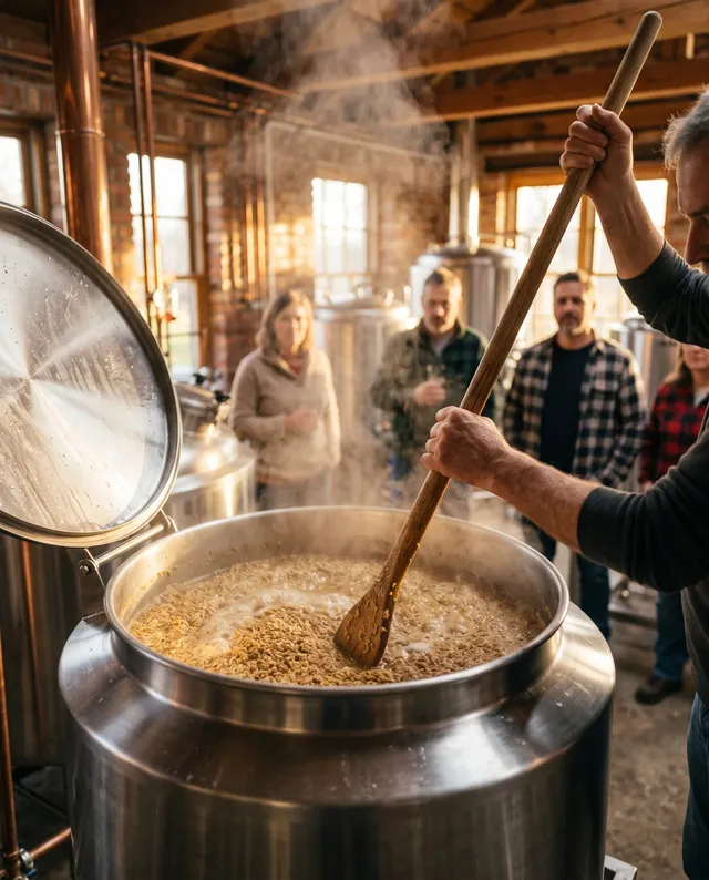 Am dampfenden Braukessel wird die Maische mit einem Holzpaddel gerührt
