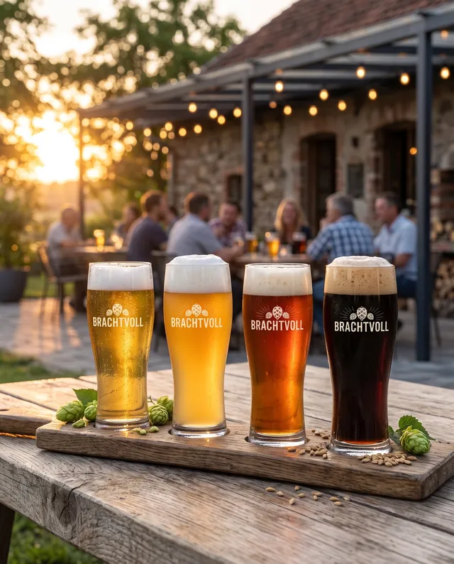 Probierbrett mit vier Brachtvoll-Gläsern: helles, Weizen, rotes und dunkles Bier