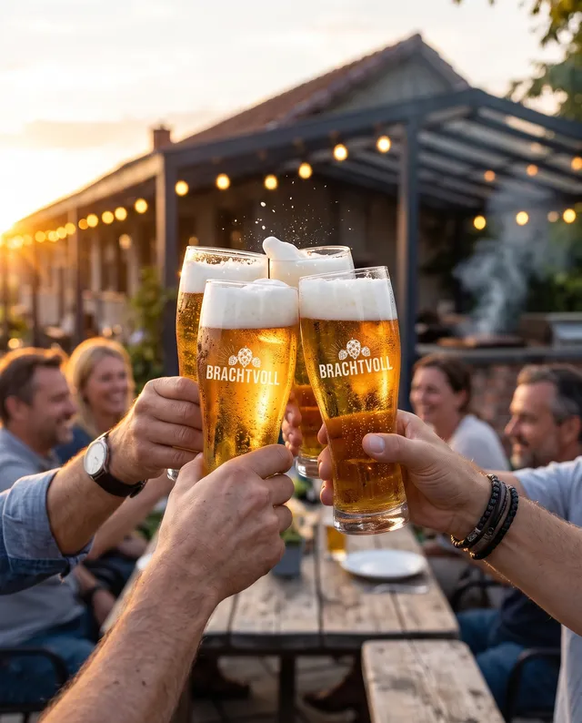 Vier Gläser Brachtvoll-Bier stoßen beim Grillen auf der Terrasse an