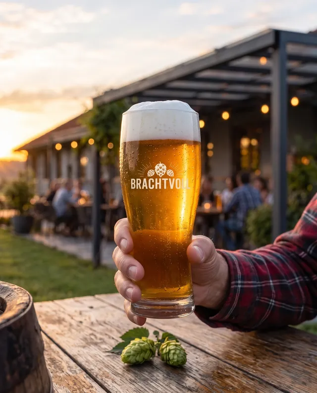 Eine Hand hält ein volles Brachtvoll-Bierglas einladend in die Kamera