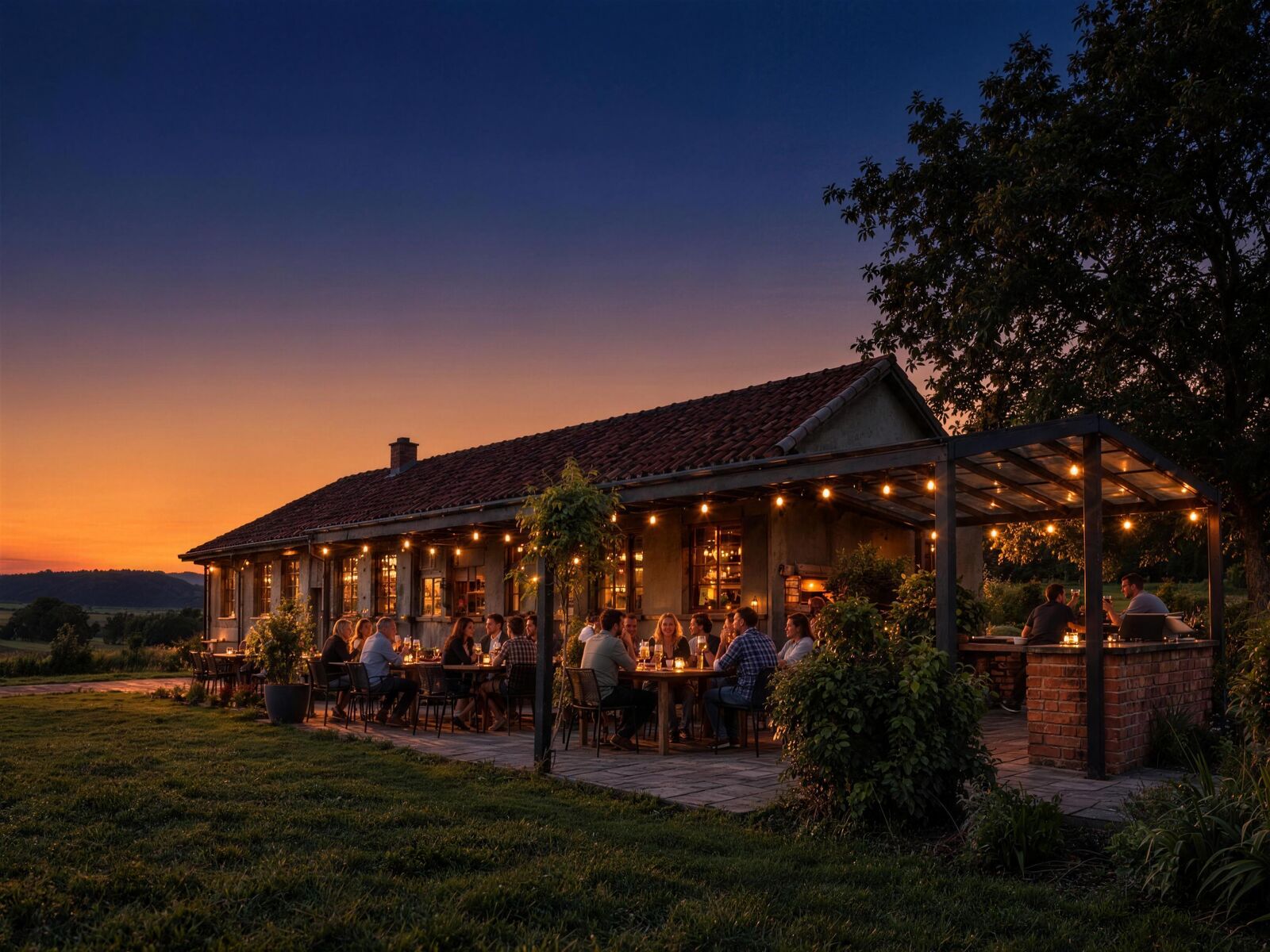 Die Drosselbar in Rauschenberg-Bracht bei Sonnenuntergang – Gäste sitzen auf der Terrasse unter der Pergola