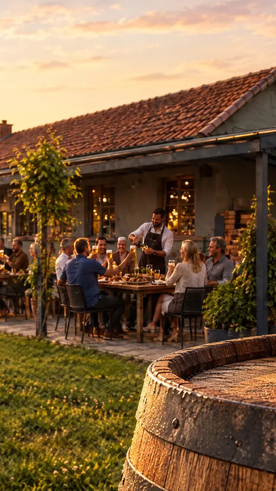Gäste sitzen bei Sonnenuntergang auf der Terrasse