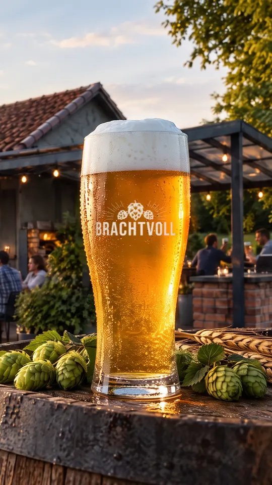Ein frisch gezapftes Brachtvoll-Bier auf einem Holzfass mit Hopfen