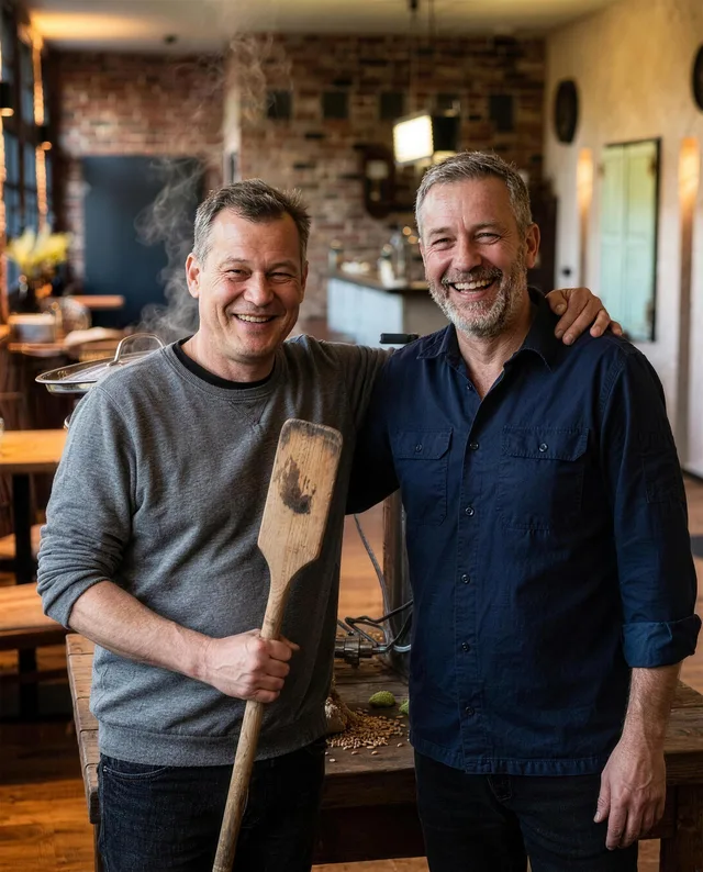 Jürgen und Jörg lachen Arm in Arm vor der Brauanlage, Jürgen hält ein Maischepaddel